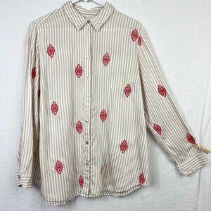 Chicos Long Sleeve Button Up‎ Shirt Womens L Embroidered Striped 90s Streetwear